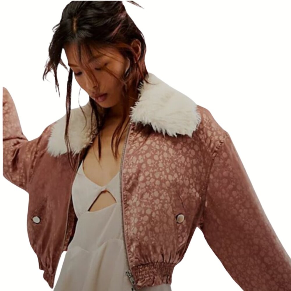 NWT Free People Crafted Floral Bomber Jacket XS Pink Jacquard Faux Fur Collar